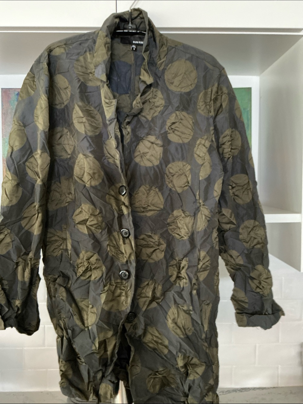 Sun Kim Olive Green crinkle  oversized jacket Lightweight Shirt Jacket